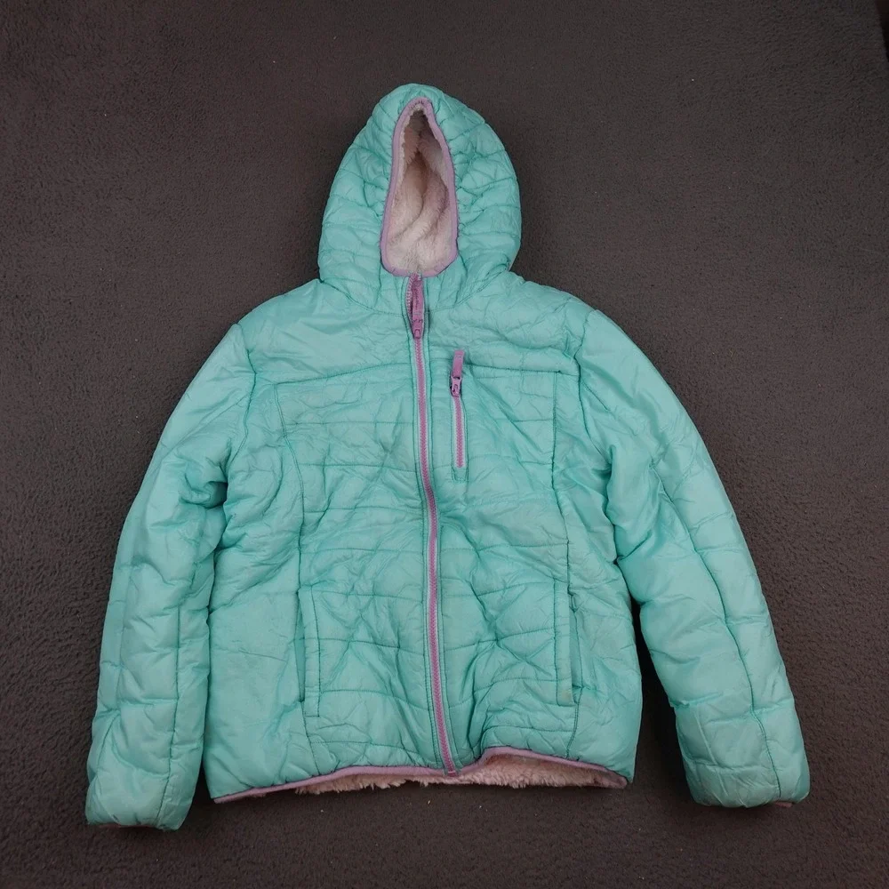 Eddie Bauer Jacket Girls Large 14/16 Aqua Reversible Sherpa Faux Fur Hooded